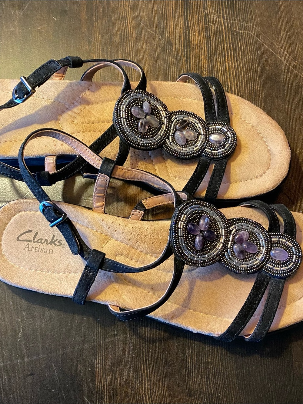 Clarks Artisan Women's Black Strappy Beaded Buckle Flat Sandals, Size 10